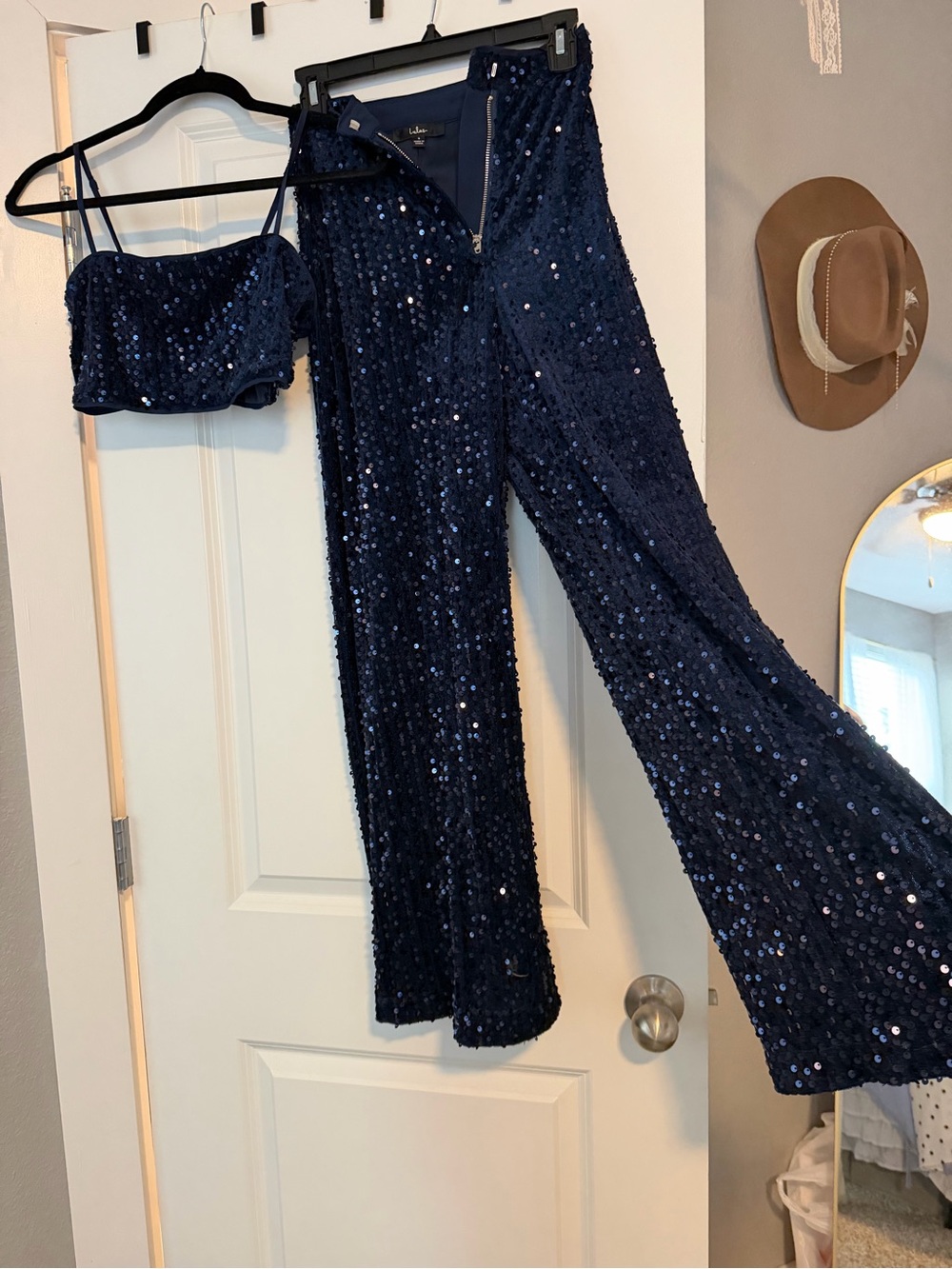 Lulu's Navy Sequin Wide-Leg Pants with Matching Crop Top
